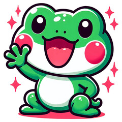 A frog waving happily with rosy cheeks