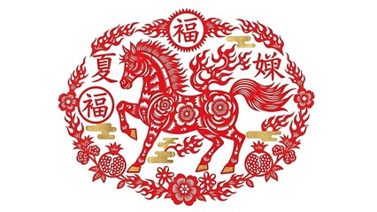 A magnificent Fire Horse illustration centered on an isolated white background, featuring a powerful stallion with flowing mane and tail engulfed in vibrant flames in shades of orange, red, and gold