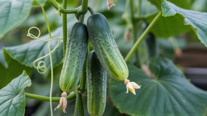 Fresh cucumbers growing on vine in lush green garden