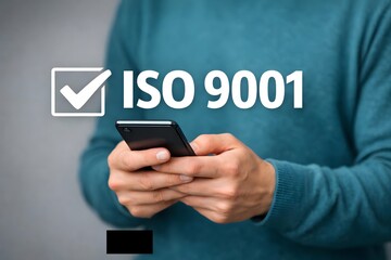ISO 9001 Standard certification standardisation quality control concept. Person use smartphone choose ISO 9001 for quality management of organizations.