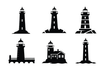 Obraz premium Nautical lighthouse silhouettes set for maritime design