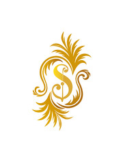 Obraz premium An elegant golden letter S with ornate floral scrollwork, vector