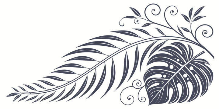 Elegant botanical design with tropical leaves and decorative swirls, vector