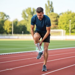 Athlete struggling with a knee injury on a running track.