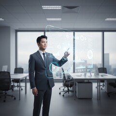 Businessman interacting with digital interface in modern office.