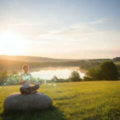 Person meditating on a rock by a tranquil lake at sunset.