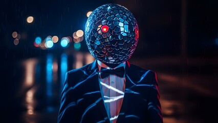 Surreal man in suit with mirror disco ball head standing in rain at