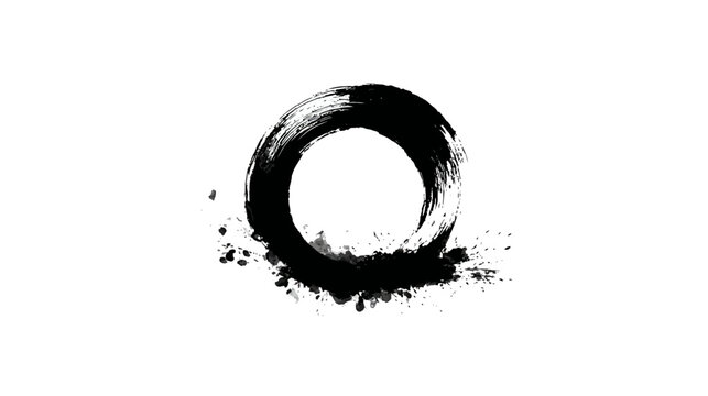 Abstract black ink brush stroke circle, hand-drawn with textured grunge effect on white. Minimalist artistic design, spiritual symbol.