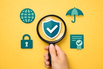 Safety quality management concept. Certified guarantee approval or Secure access system. identity proofing for security protection system, Magnifying glass focus to shield with check mark.