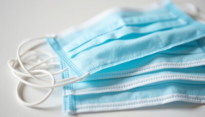 Stack of blue surgical masks with clinical and protective mood on clean white surface representing healthcare and safety