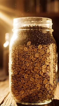 A close-up shot of a glass jar filled with oats and chia seeds, illuminated by sunlight.