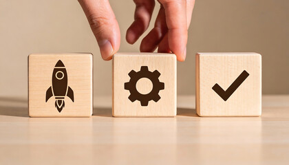 Minimal wooden blocks with rocket gear and checkmark icons representing startup launch operations workflow automation and project completion success concept