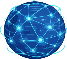A stylized blue planet wrapped in glowing network connections and nodes, symbolizing global connectivity and digital communication in a flat vector space style.