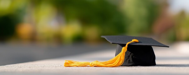 Celebration of achievement black graduation cap with yellow tassel on table in nature environment