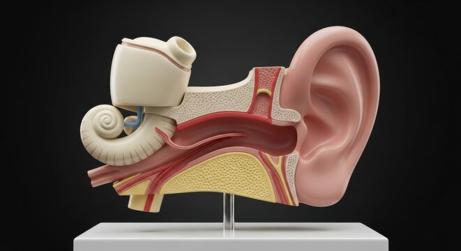 Detailed Human Ear Anatomy Model Showing Cross-Sectional Physiology on Dark Background for Medical Education and Audiology Research