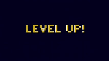 Animated text displaying "LEVEL UP!" in bright yellow against a dark background. Represents achievement, progress, and motivation in gaming and personal development - Powered by Adobe