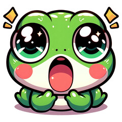 The frog has big eyes, making a cute, innocent face; it's adorable and cheerful