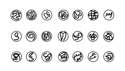 Abstract hand-drawn organic circle icons and doodle symbols set, minimalist vector elements for branding.