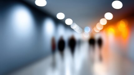 Blurred figures walking in a modern corridor with soft lighting