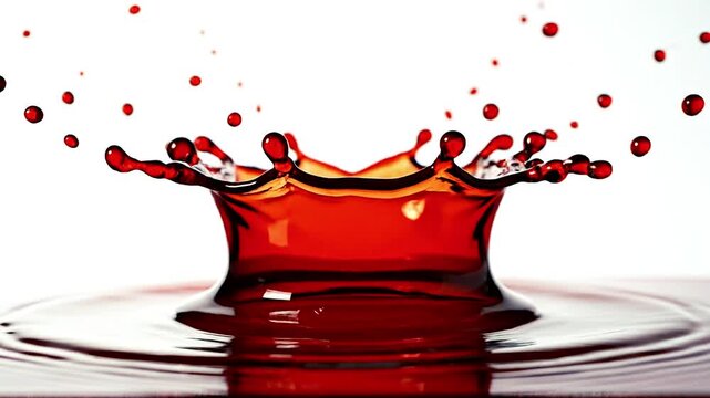 Red liquid splash forming a crown shape, dynamic wine droplet explosion on white background, high-speed fluid motion capture