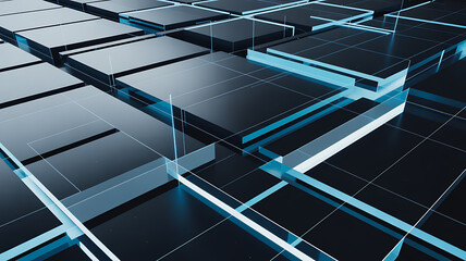 High tech isometric grid structure with dark metallic blocks and glowing blue neon lines representing data network connectivity and digital infrastructure in a sleek dark professional environment