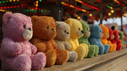 Colorful Stuffed Teddy Bears on Display at Fairground Carnival Attraction for Fun and Joyous Memories