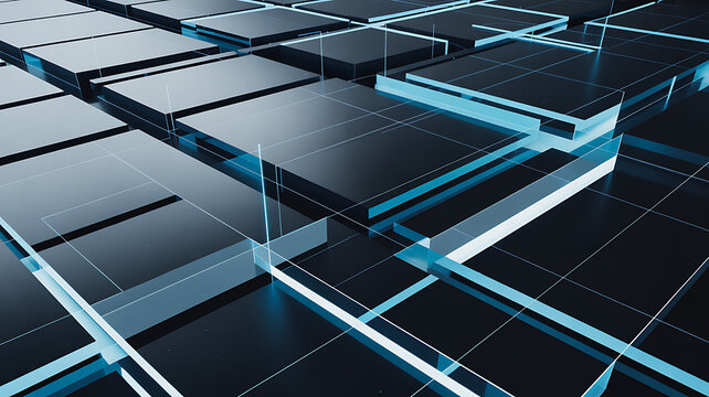 High tech isometric grid structure with dark metallic blocks and glowing blue neon lines representing data network connectivity and digital infrastructure in a sleek dark professional environment - Powered by Adobe