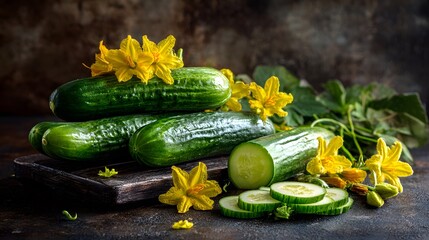 Intricate still life of fresh green cucumbers with yellow blossoms and vibrant salad elements for culinary art