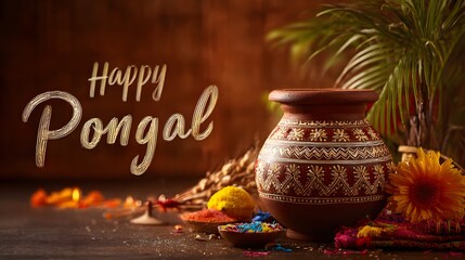 Intricately Detailed Festival Scene of Happy Pongal Celebrated with Traditional Pot and Palm Tree in a Vibrant Rural Harvest Setting