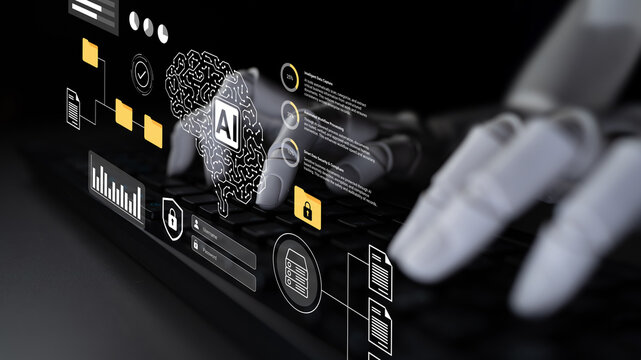 This stock photo features a laptop with a digital display showing a brain icon and robotic hands, symbolizing the intersection of technology and innovation in modern computing. Gantry - Powered by Adobe