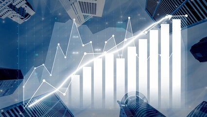 Dynamic business growth chart set against a backdrop of urban skyscrapers, showcasing data trends, visual analytics, and financial success concepts for the corporate world. Copula