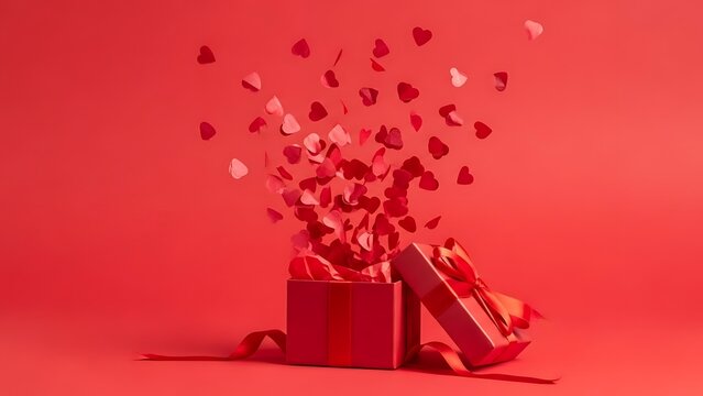 Red gift box with heart confetti exploding heart shape