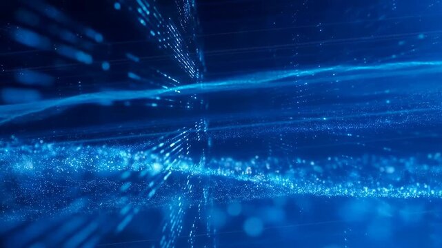 Abstract blue digital background with glowing particles and lines creating a sense of depth and movement. Ideal for technology, data visualization, and futuristic themes