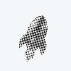 A monochrome halftone illustration of a classic retro rocket ship