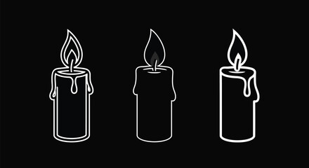 A minimalist illustration of three white candles with flames on a black background