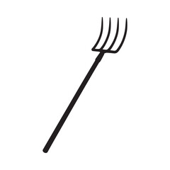 Simple black and white illustration of a gardening pitchfork on white background