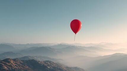 Fototapeta premium Bright Red Balloon Floating High Above Majestic Mountain Scenery Under Clear Sky at Dawn