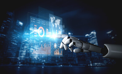 A robotic hand engages with interactive data visuals in a vibrant cityscape, showcasing innovative technology that transforms urban living and business strategies. Scalp