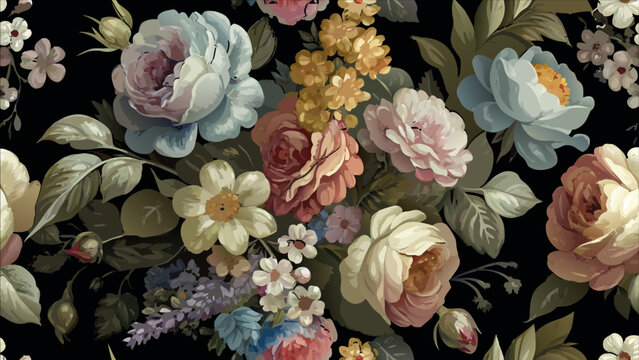 Dramatic floral vector pattern with various flowers in blue, pink, and orange on a rich black background for design, elegant fabrics, and luxurious home decor.