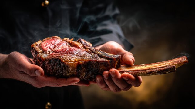 Close-up of grilled tomahawk steak held by chef.
