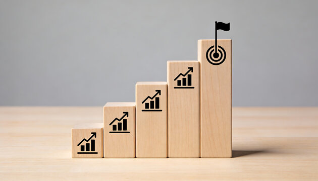 Wooden blocks staircase with rising chart icons and bullseye flag target on top showing business growth progress strategy goal achievement and success with copy space