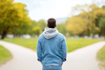 Obraz premium Thoughtful person standing at a crossroads path in a park reflecting on life choices