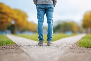 Thoughtful person standing at crossroads nature park inspirational scene tranquil view