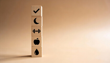 Stack of five wooden blocks with check moon dumbbell apple and water icons showing healthy habits routine fitness sleep nutrition hydration and wellness lifestyle with copy space