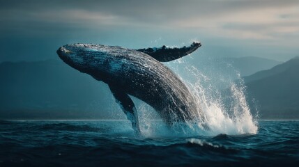 Obraz premium Majestic humpback whale breaching ocean waters at dusk.