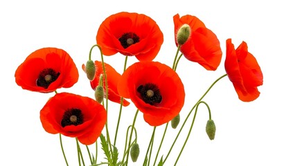 Bright Red Poppies with Green Buds Isolated on White Background, Vibrant Summer Wildflowers