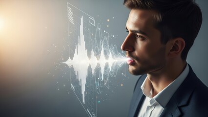 Futuristic technology concept A man speaking with digital sound waves emanating from his mouth, representing AI voice recognition