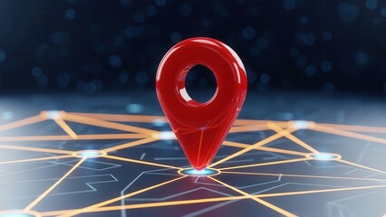 Red 3D GPS location marker on a digital network map background