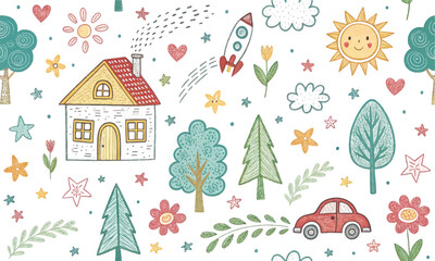 Fototapeta premium Cute hand drawn seamless doodle pattern with pastel houses, cars, trees, flowers, clouds and sun. Whimsical kids village illustration for nursery, fabric, wallpaper and children design.