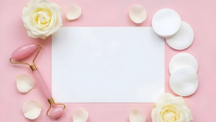 Pink beauty ritual mockup with jade roller and rose petals.